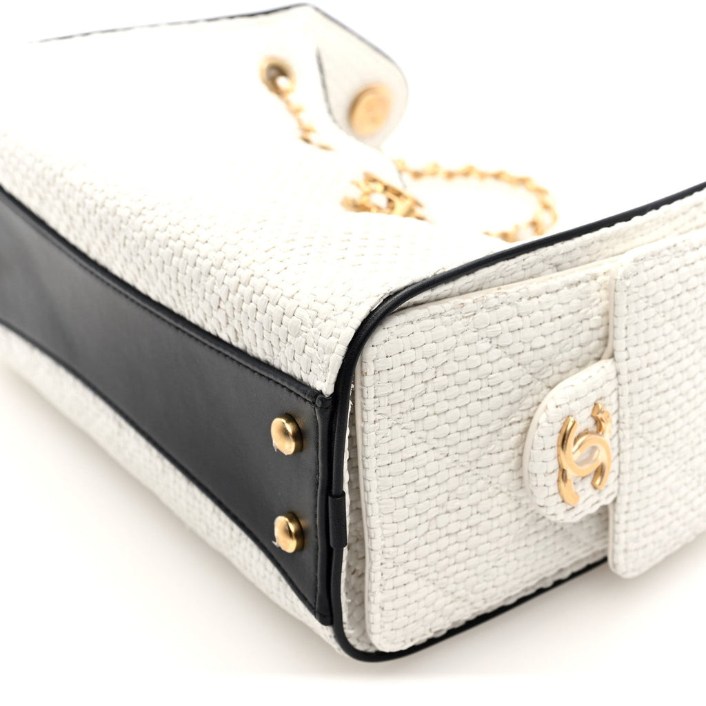 Braided Raffia Calfskin Mini Chanel 25 Handbag White Black