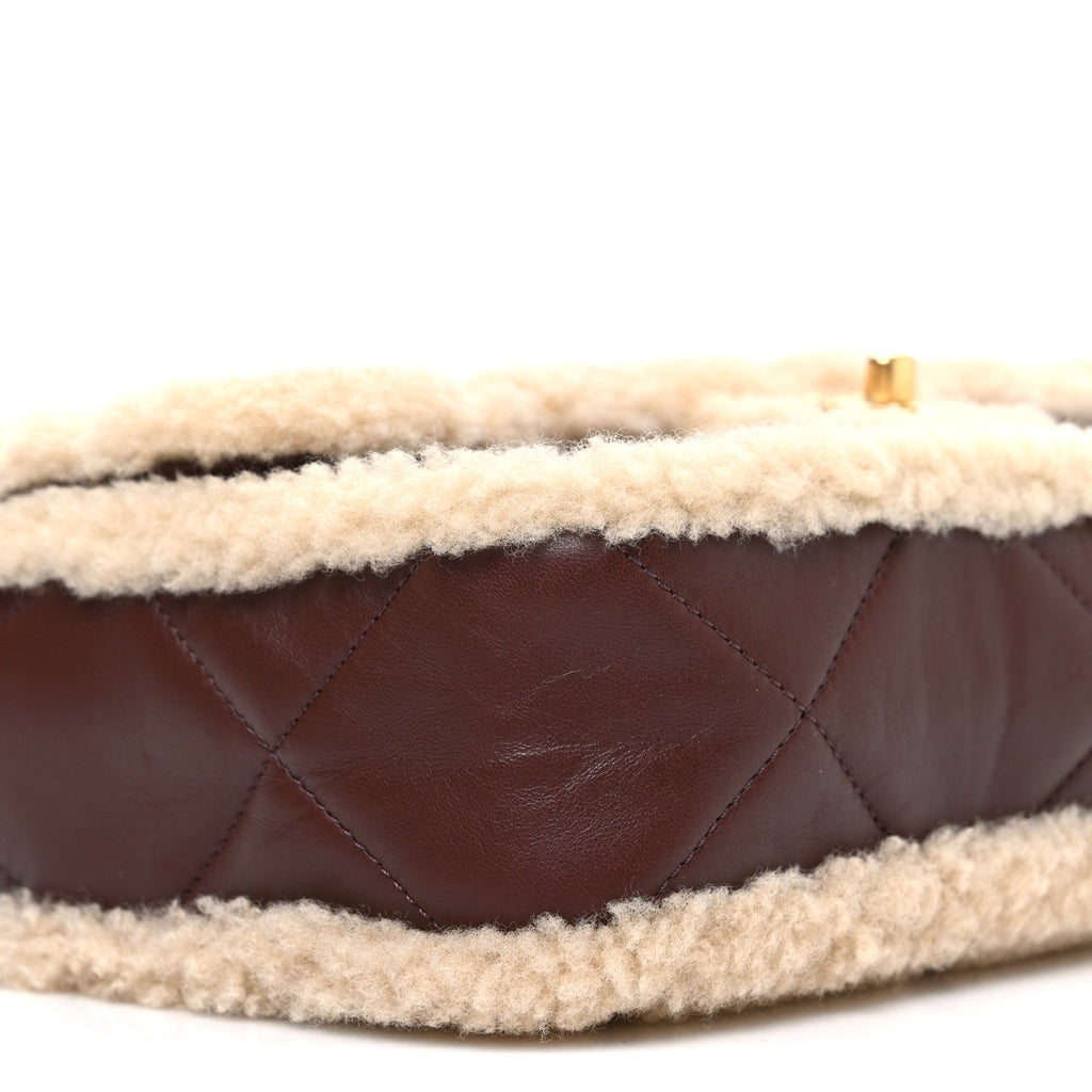 Shearling Lambskin Quilted Furry Coco Flap Dark Brown Beige
