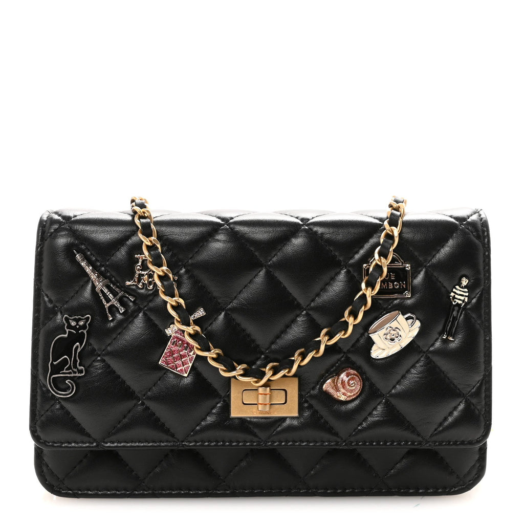 Lambskin Quilted Lucky Charms 2.55 Reissue Wallet On Chain WOC Black