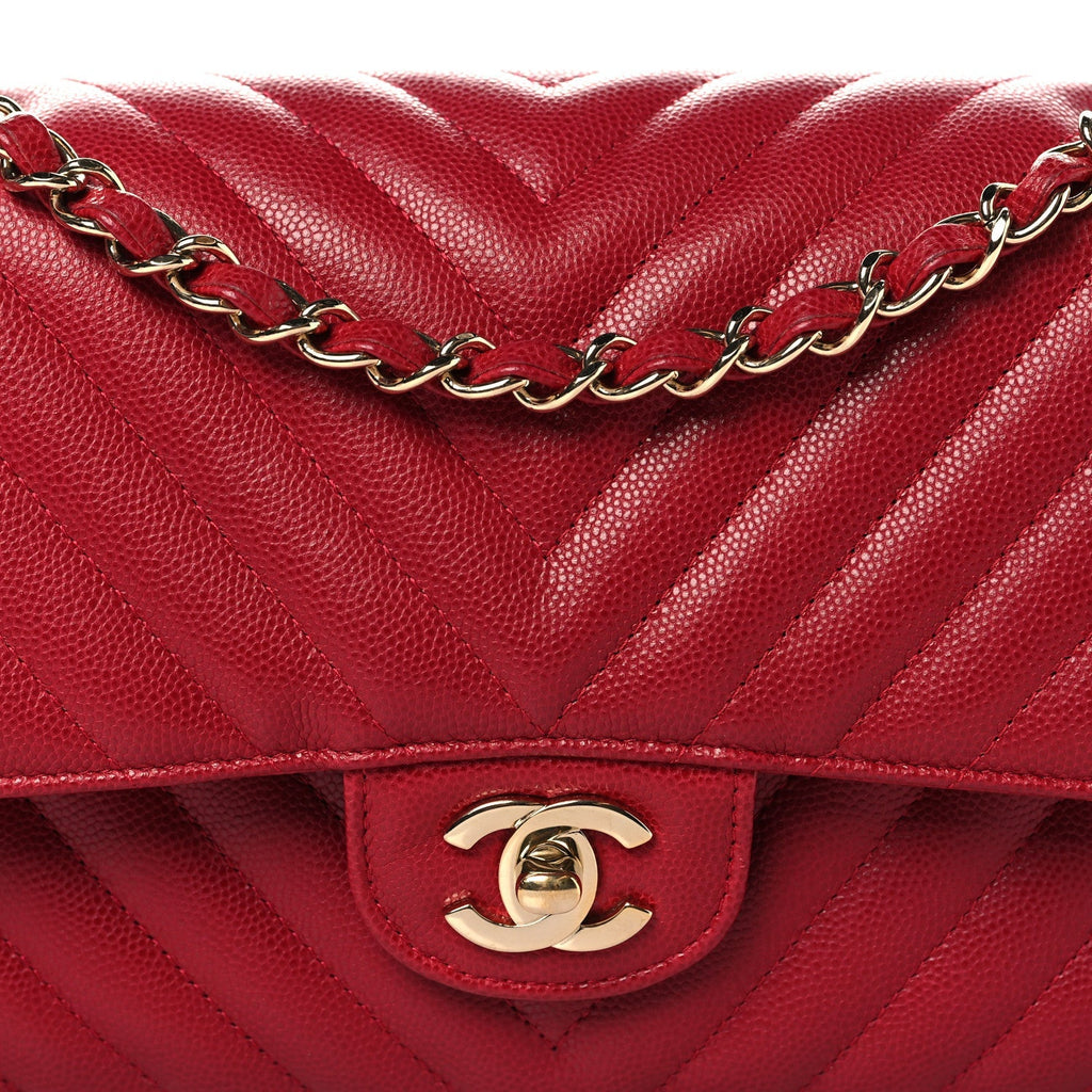 Caviar Chevron Quilted Medium Double Flap Red