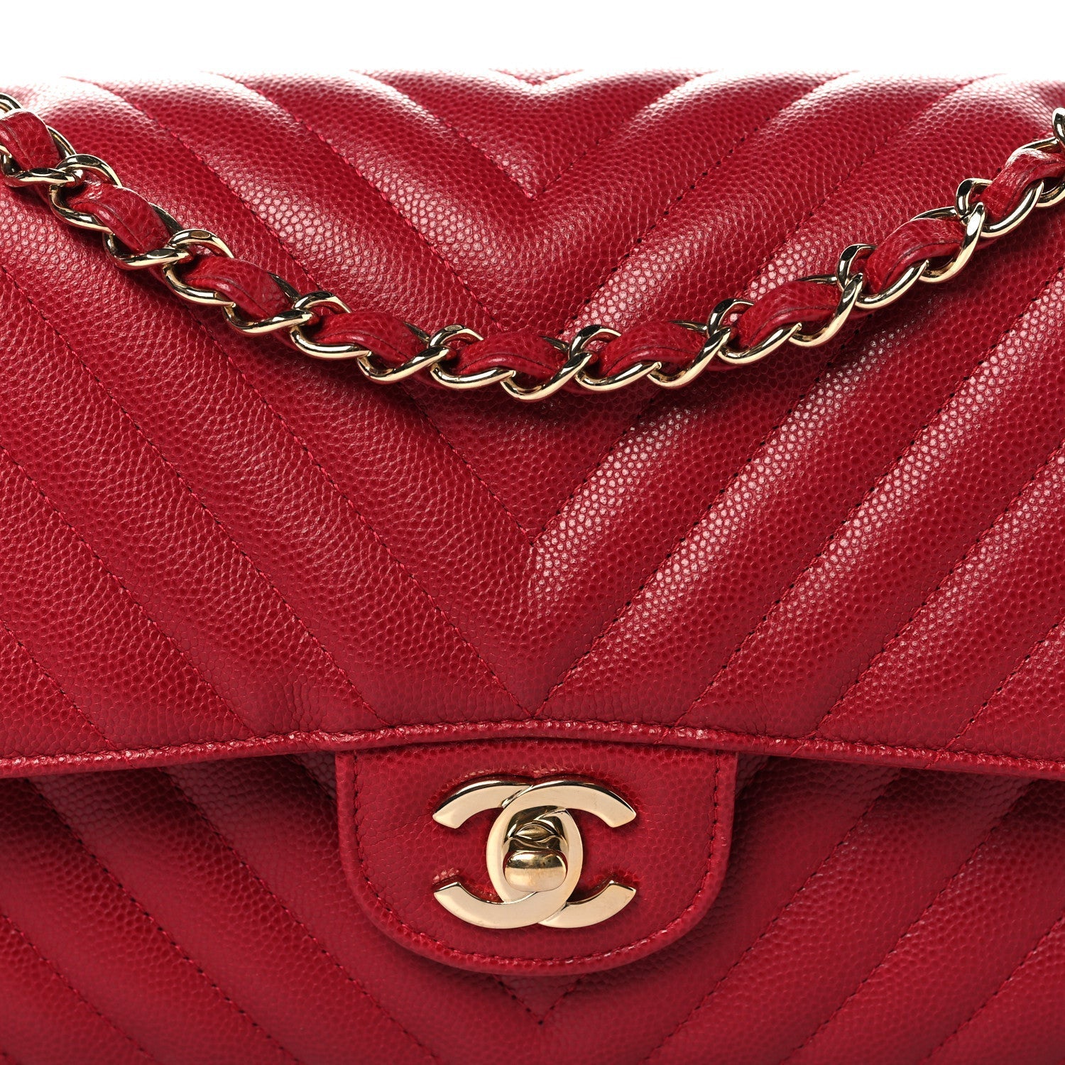 Caviar Chevron Quilted Medium Double Flap Red