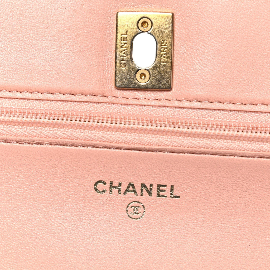 Lambskin Quilted CC Pearl Crush Wallet on Chain WOC Light Orange