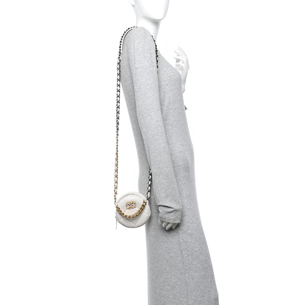 Shiny Goatskin Quilted Chanel 19 Round Clutch With Chain White