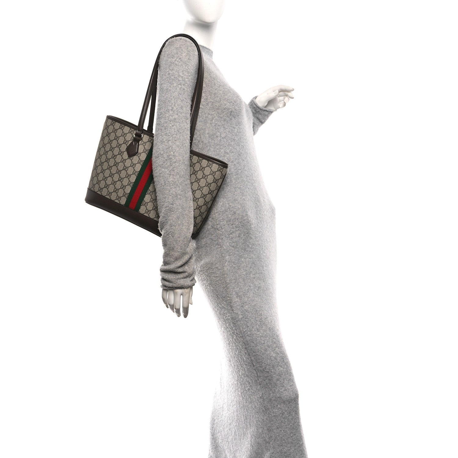 GG Supreme Monogram Textured Calfskin Web Small Ophidia Shoulder Tote Bag Beige Ebony New Acero