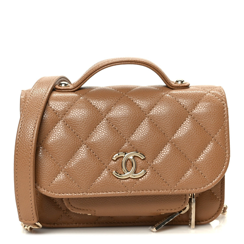 Caviar Quilted Business Affinity Clutch With Chain Flap Camel