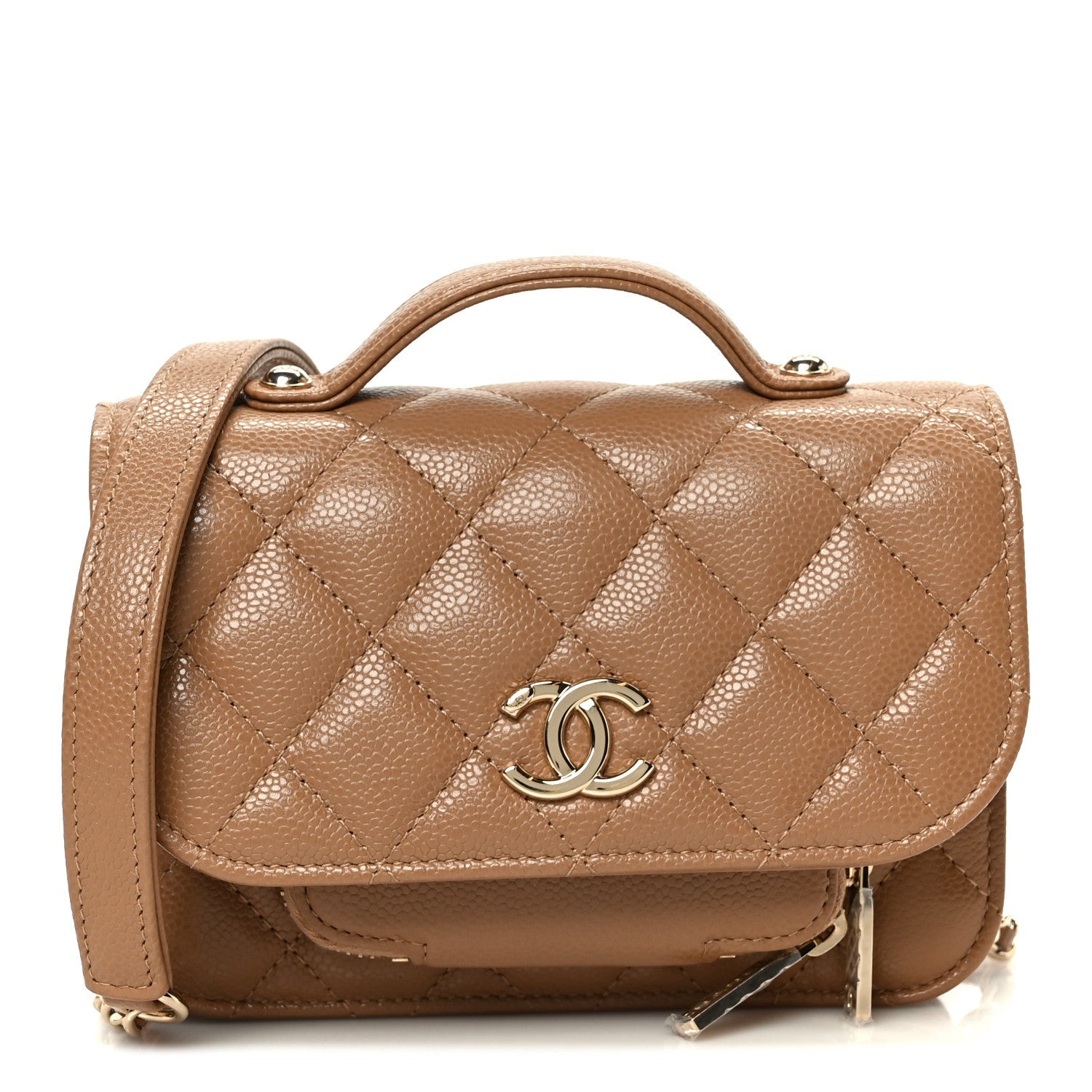 Caviar Quilted Business Affinity Clutch With Chain Flap Camel