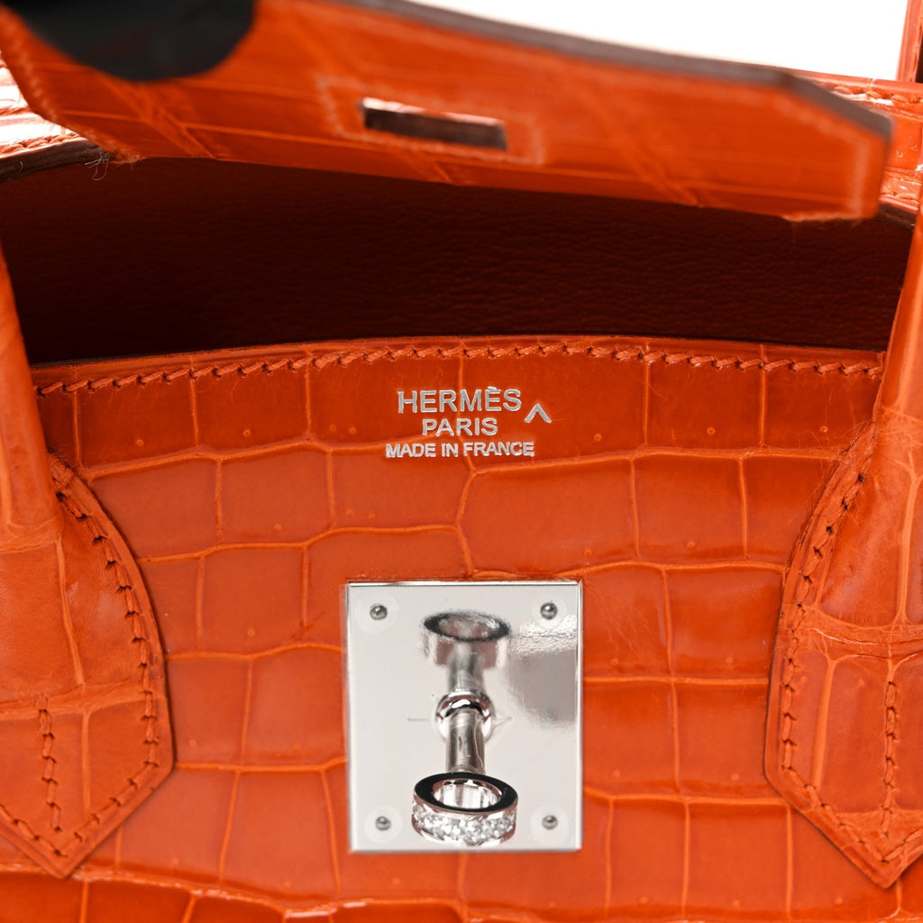 Shiny Porosus Crocodile 18K White Gold Diamond Birkin 30 Orange