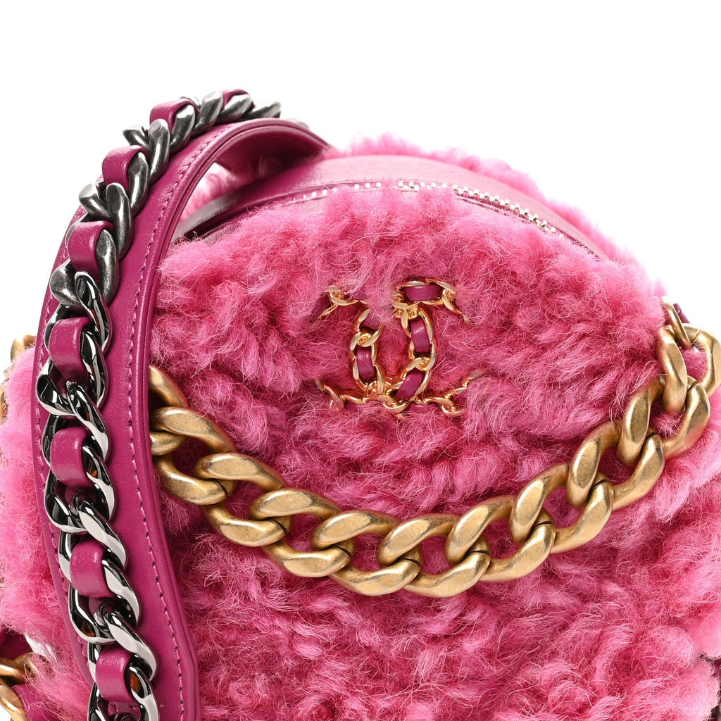 Shearling Sheepskin Chanel 19 Round Clutch With Chain Dark Pink