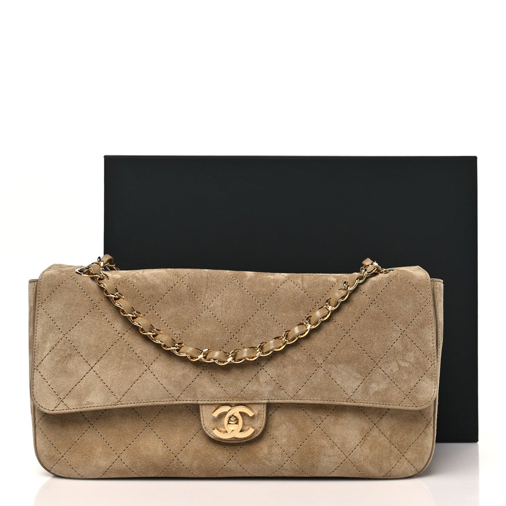Suede Calfskin Small Souplissimo Maxi Flap Dark Beige