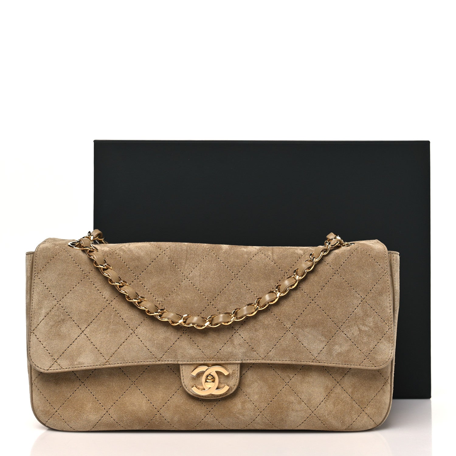 Suede Calfskin Small Souplissimo Maxi Flap Dark Beige