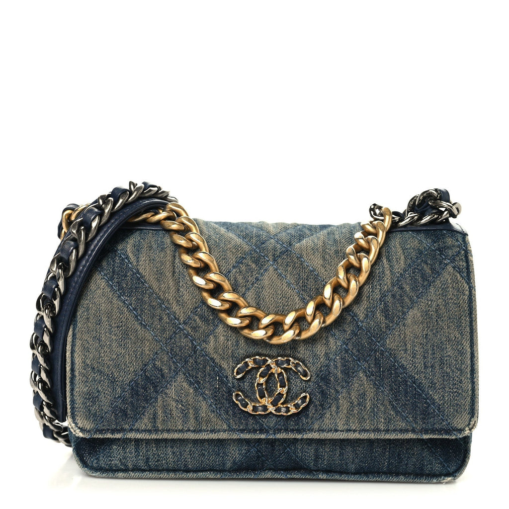 Denim Quilted Chanel 19 Wallet On Chain WOC Blue