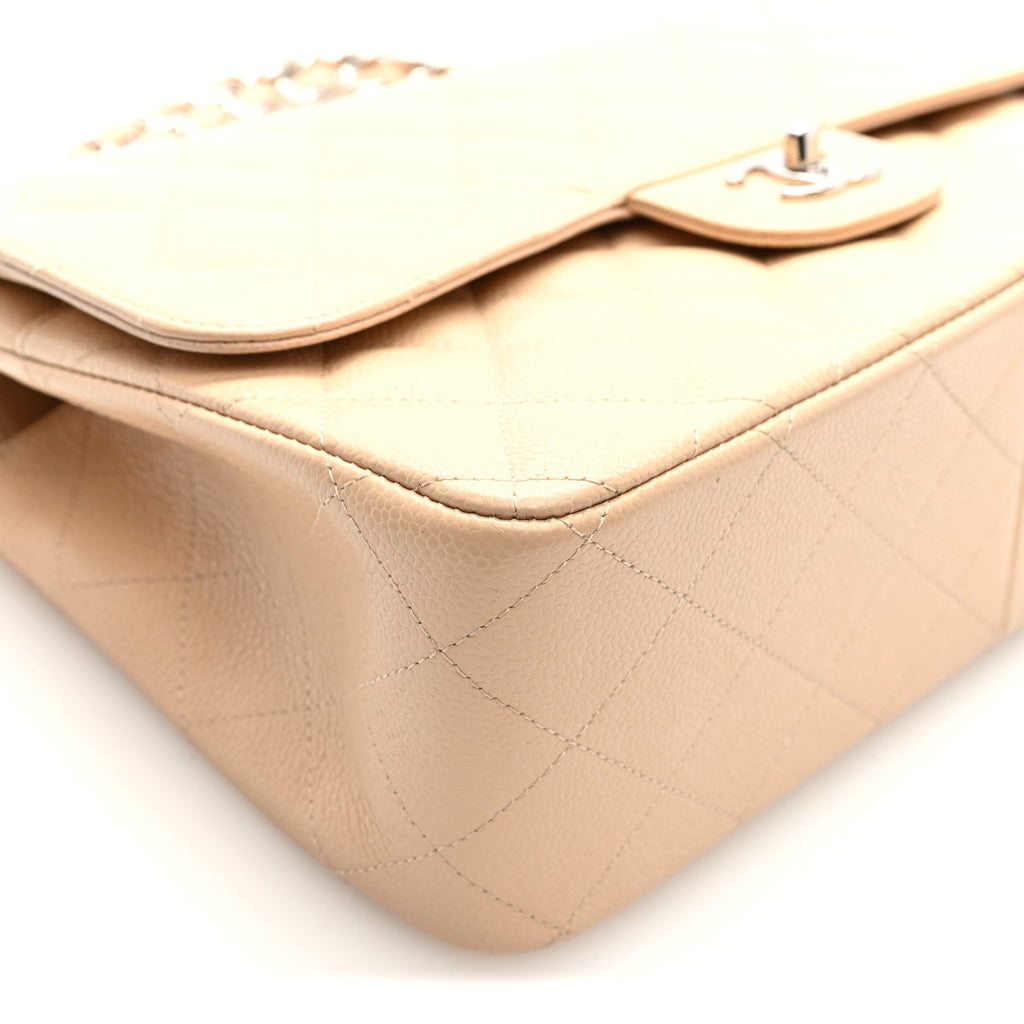 Caviar Quilted Jumbo Double Flap Beige