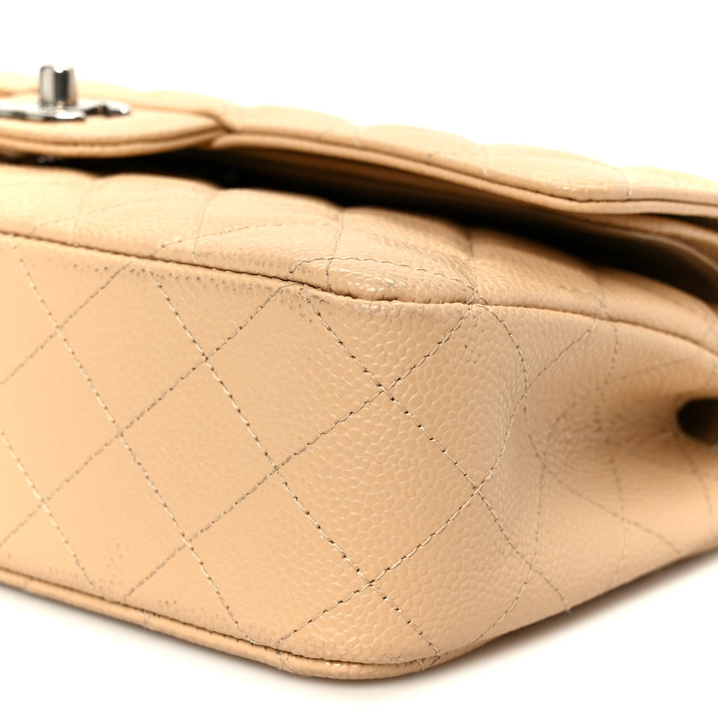 Caviar Quilted Medium Double Flap Beige