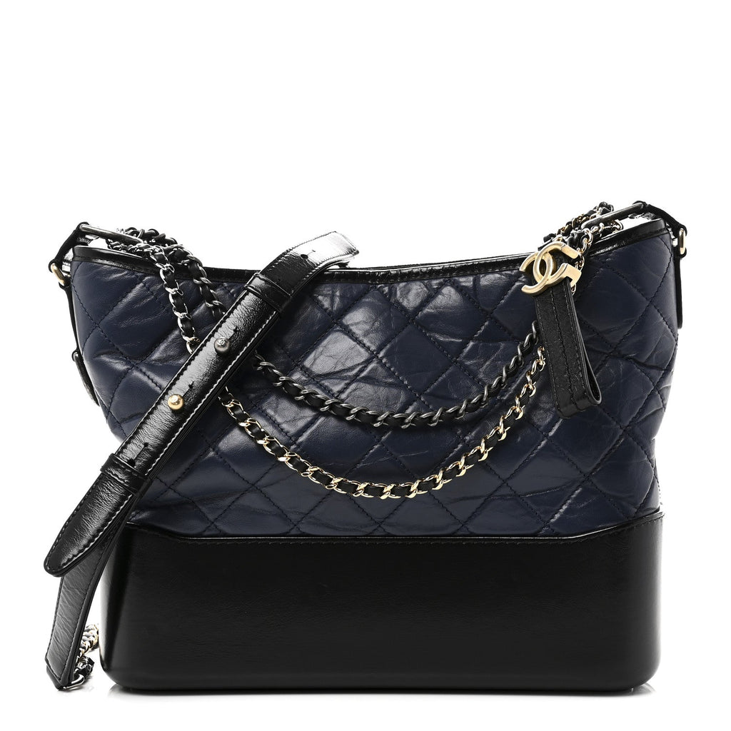 Aged Calfskin Quilted Medium Gabrielle Hobo Navy Black
