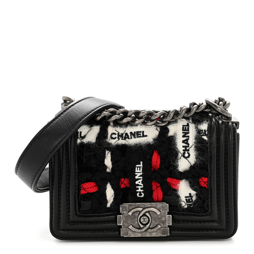 Lambskin Tweed Logo Embroidered Mini Boy Flap White Red Black
