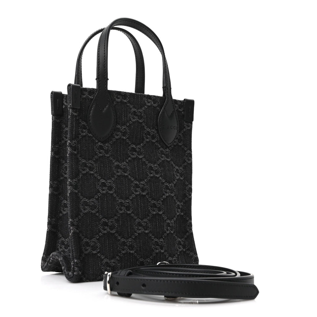 Denim GG Monogram Dollar Calfskin Mini Ophidia Tote Black Grey