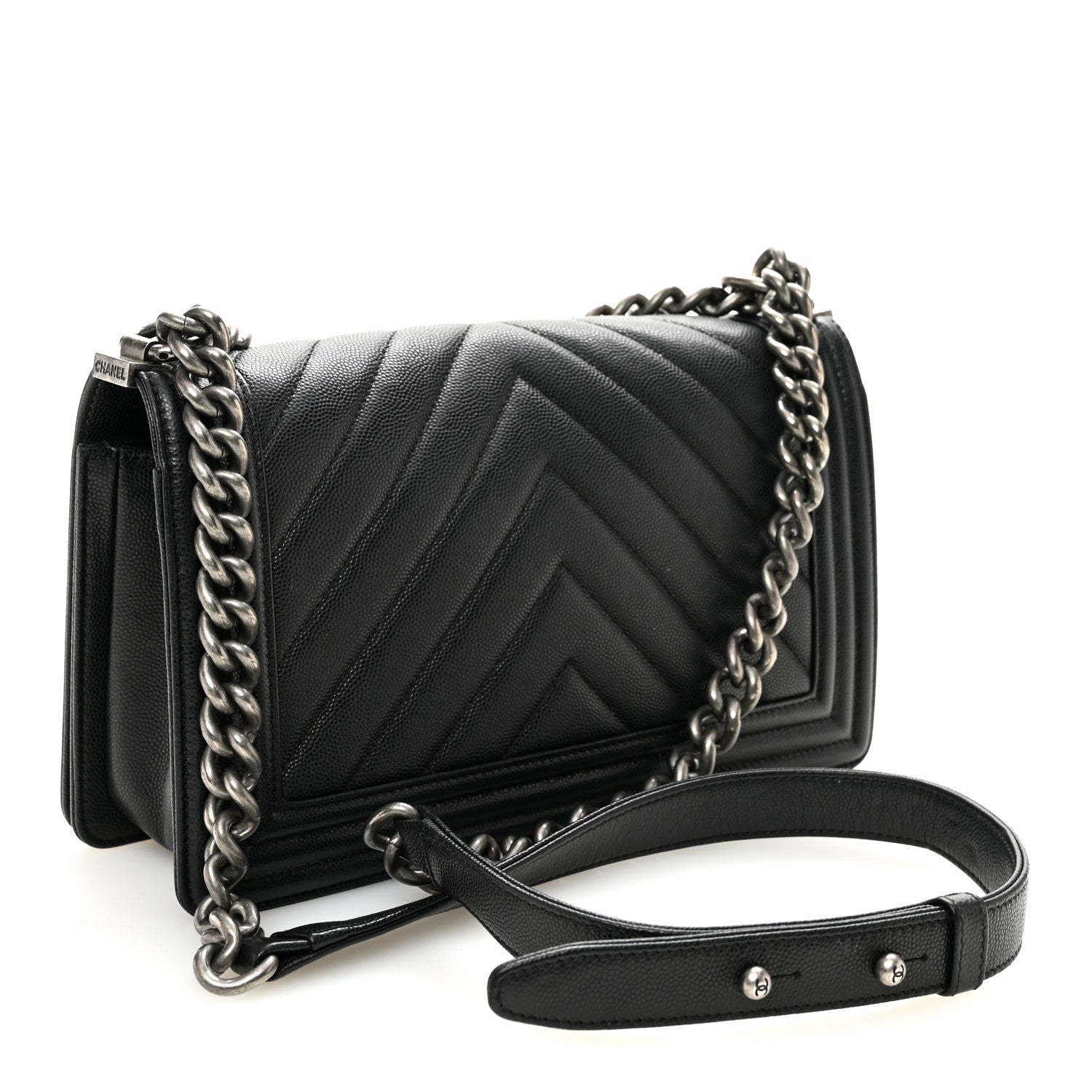 Caviar Chevron Quilted Medium Boy Flap Black
