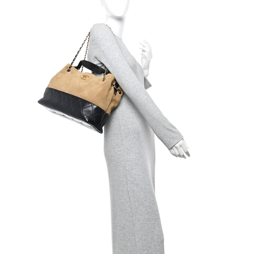 Suede Calfskin Shiny Lambskin Quilted Small Coco Base Shopping Bag Beige Black