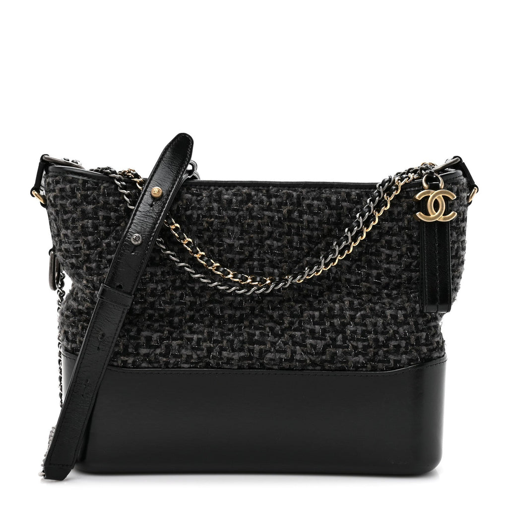 Tweed Calfskin Quilted Medium Gabrielle Hobo Black