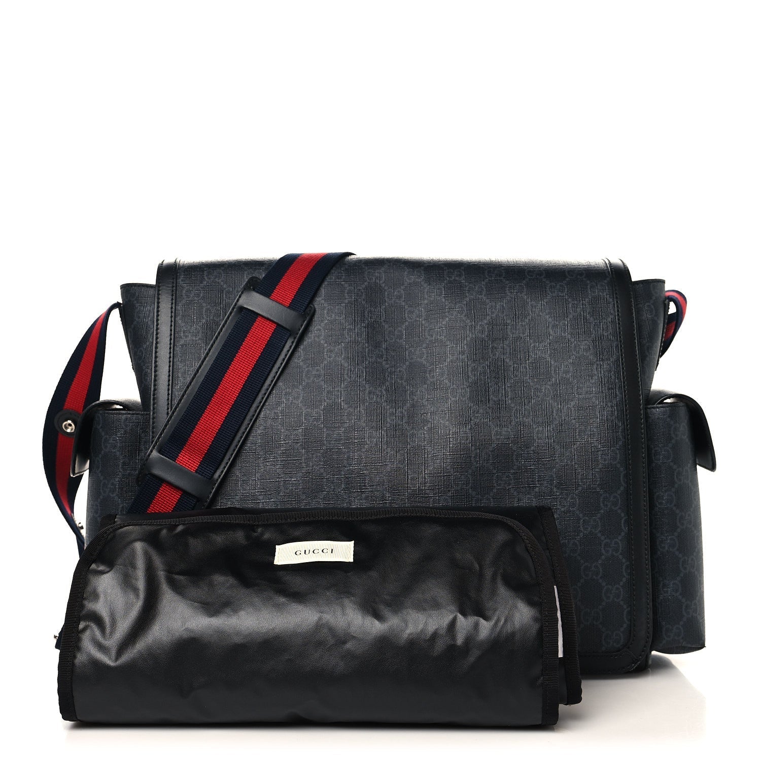 GG Supreme Monogram Web Messenger Diaper Bag Black Grey