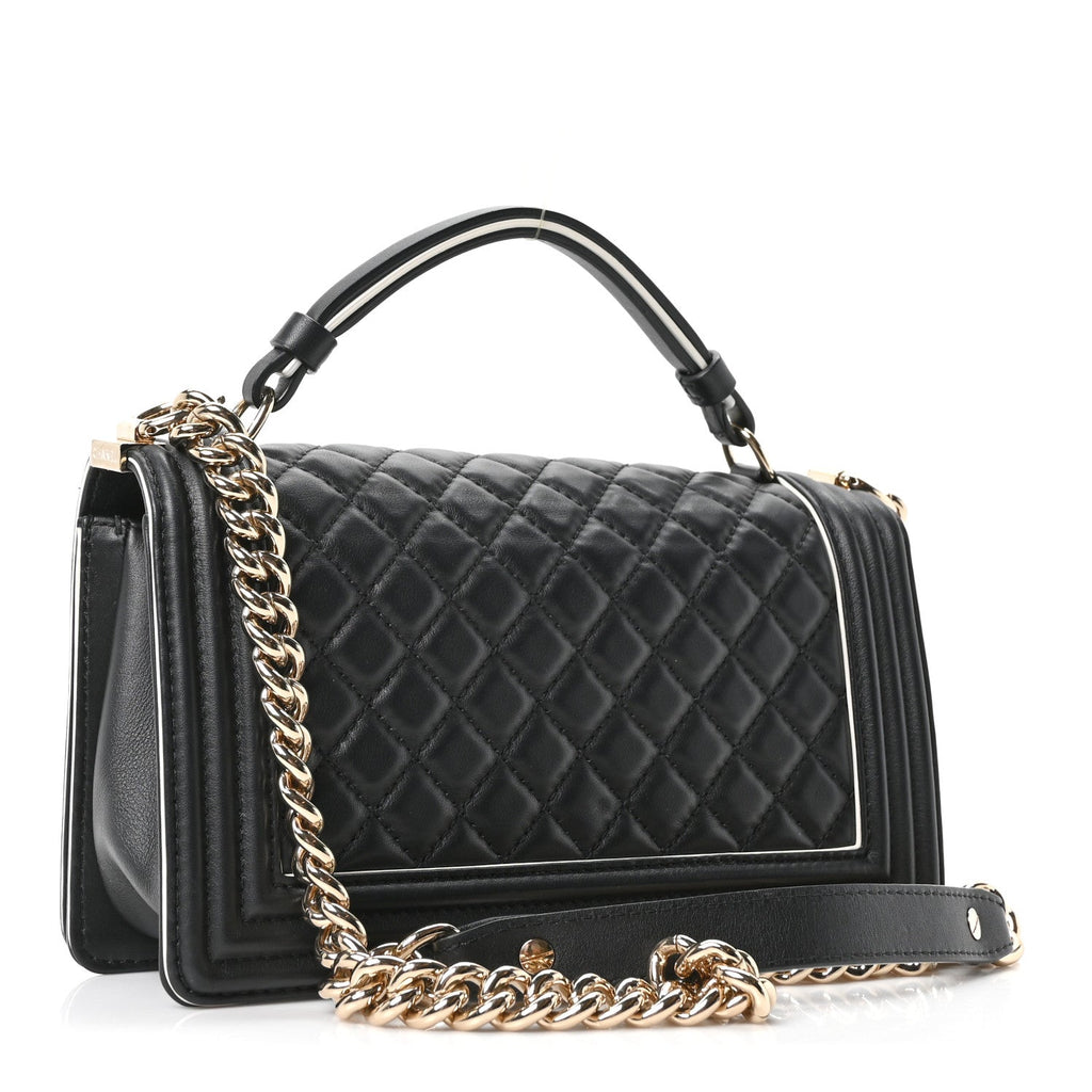 Calfskin Quilted Medium Boy Top Handle Flap Black