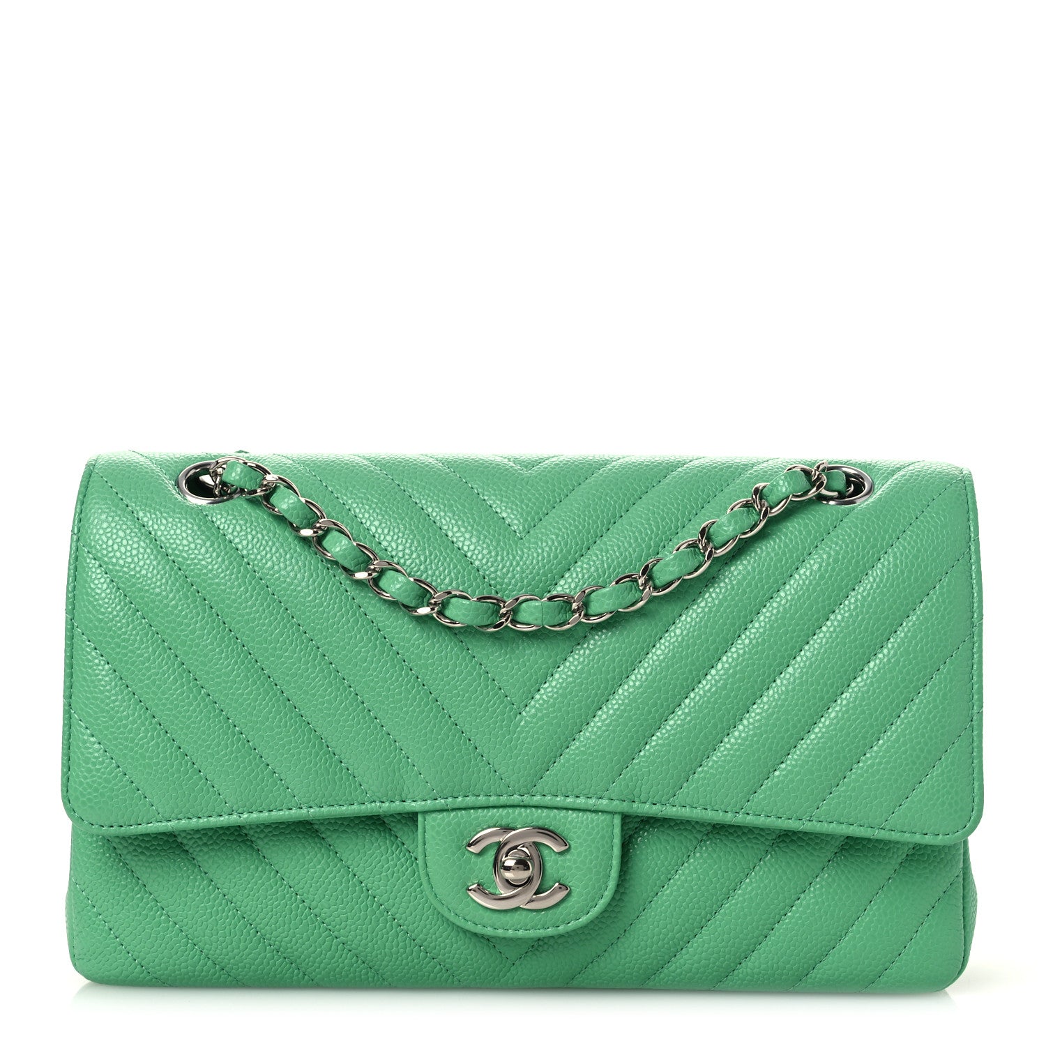 Caviar Chevron Quilted Medium Double Flap Green