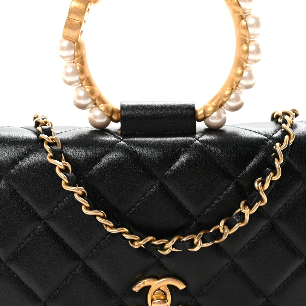 Lambskin Quilted Pearl Crown Wallet On Chain WOC Black