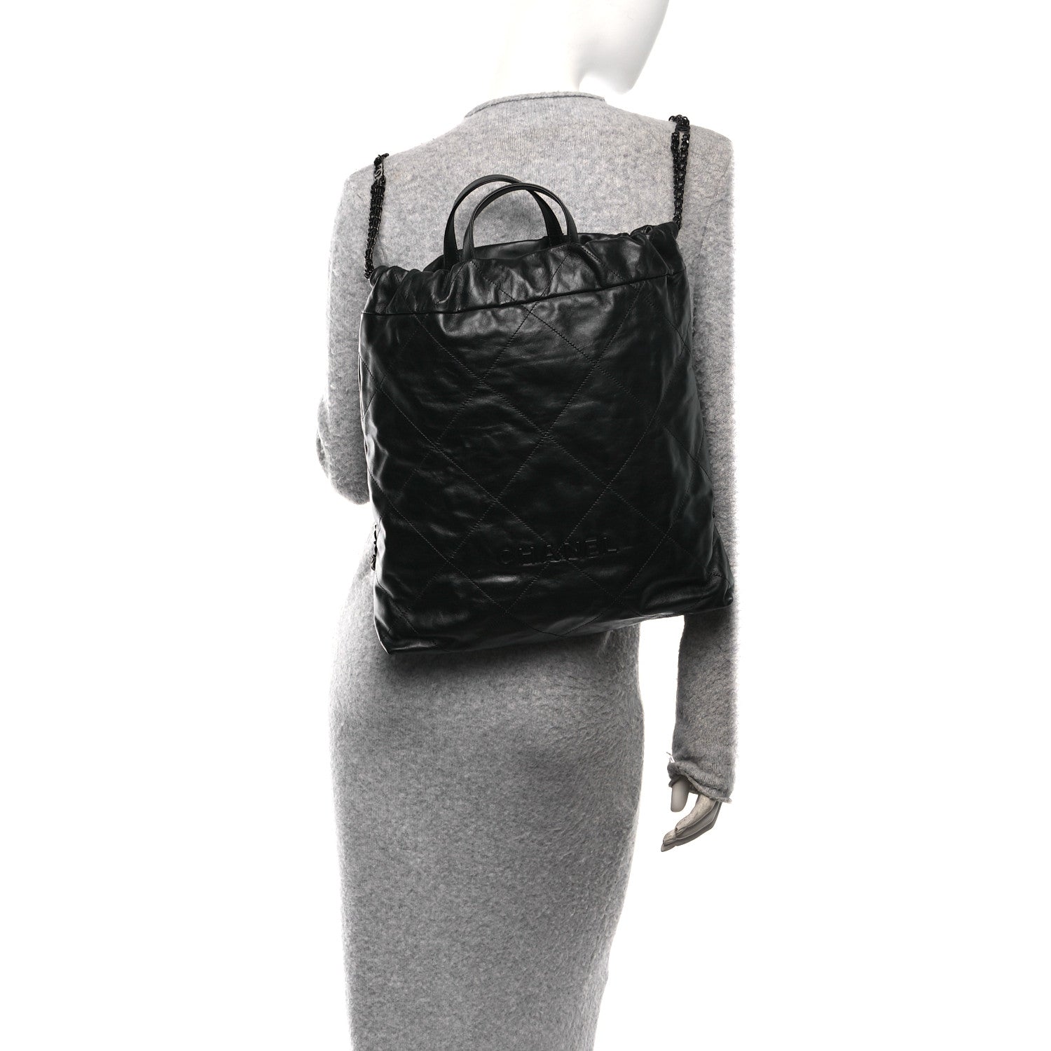 Shiny Calfskin Quilted Chanel 22 Backpack So Black