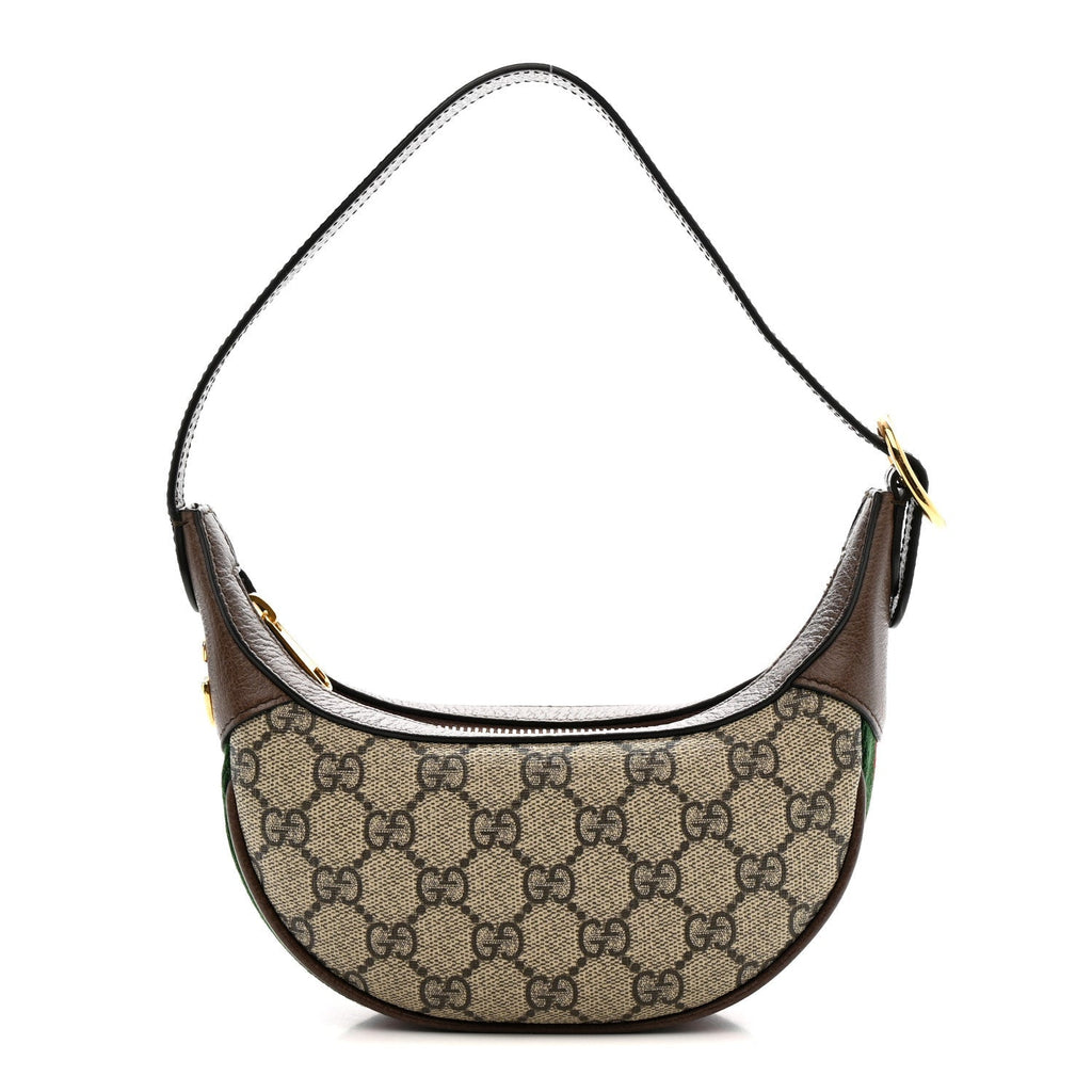 GG Supreme Monogram Textured Calfskin Web Mini Ophidia Half Moon Hobo Beige Ebony New Acero