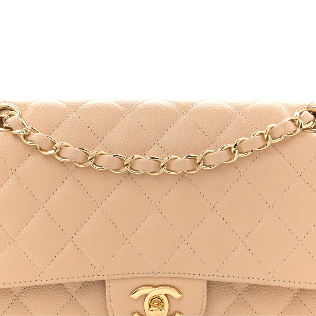 Caviar Quilted Medium Double Flap Beige