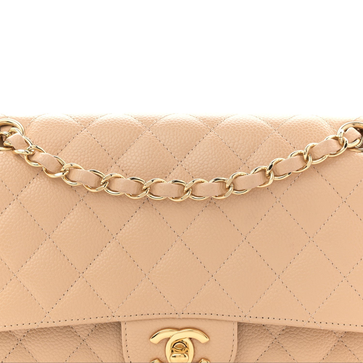 Caviar Quilted Medium Double Flap Beige