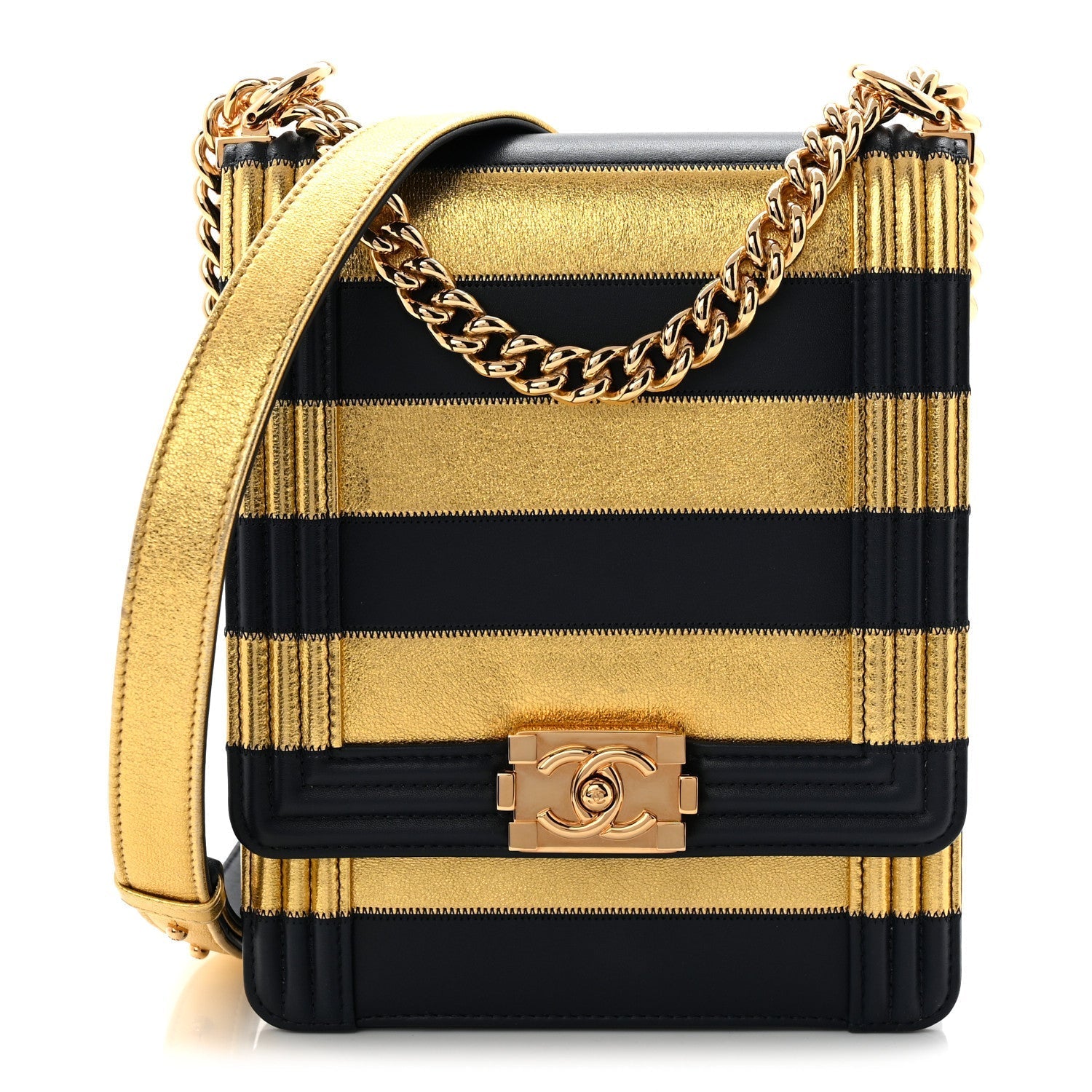 Metallic Lambskin Striped North South Boy Flap Navy Gold