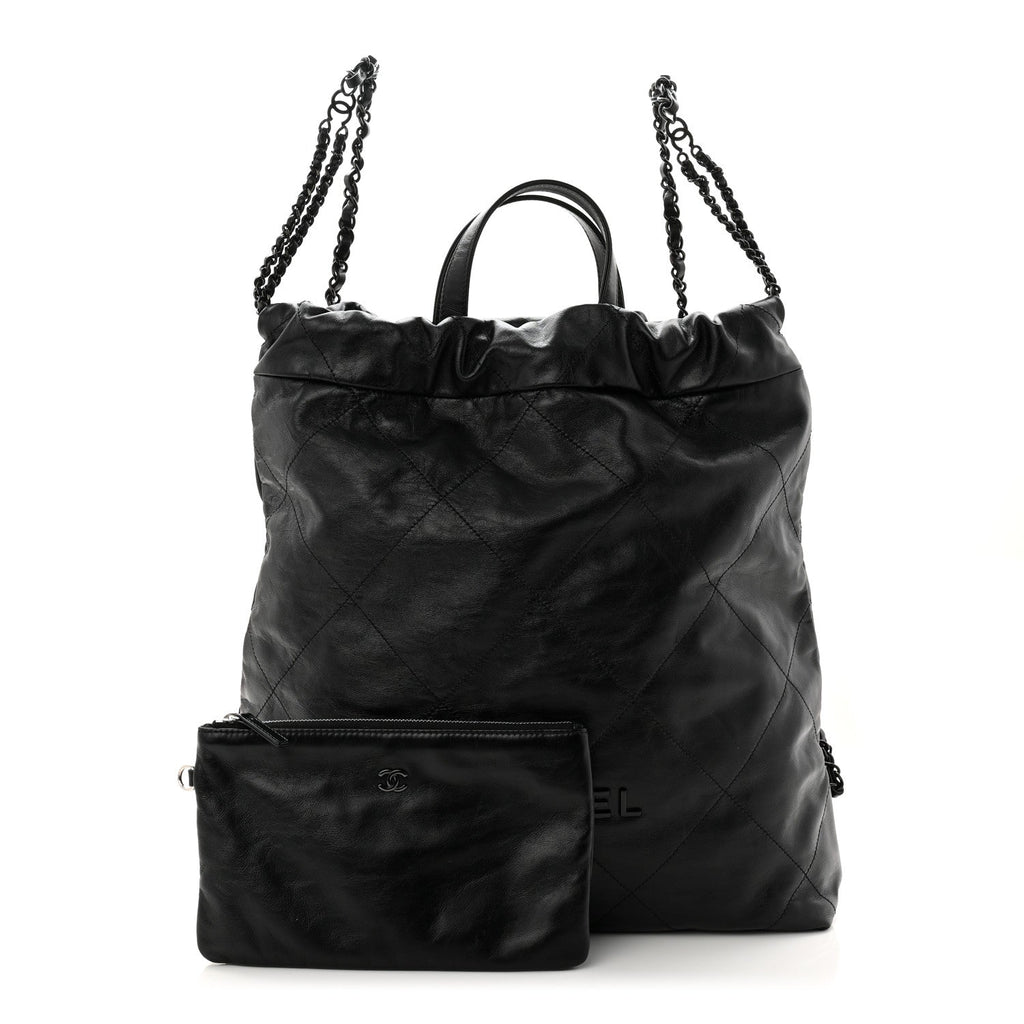 Shiny Calfskin Quilted Chanel 22 Backpack So Black