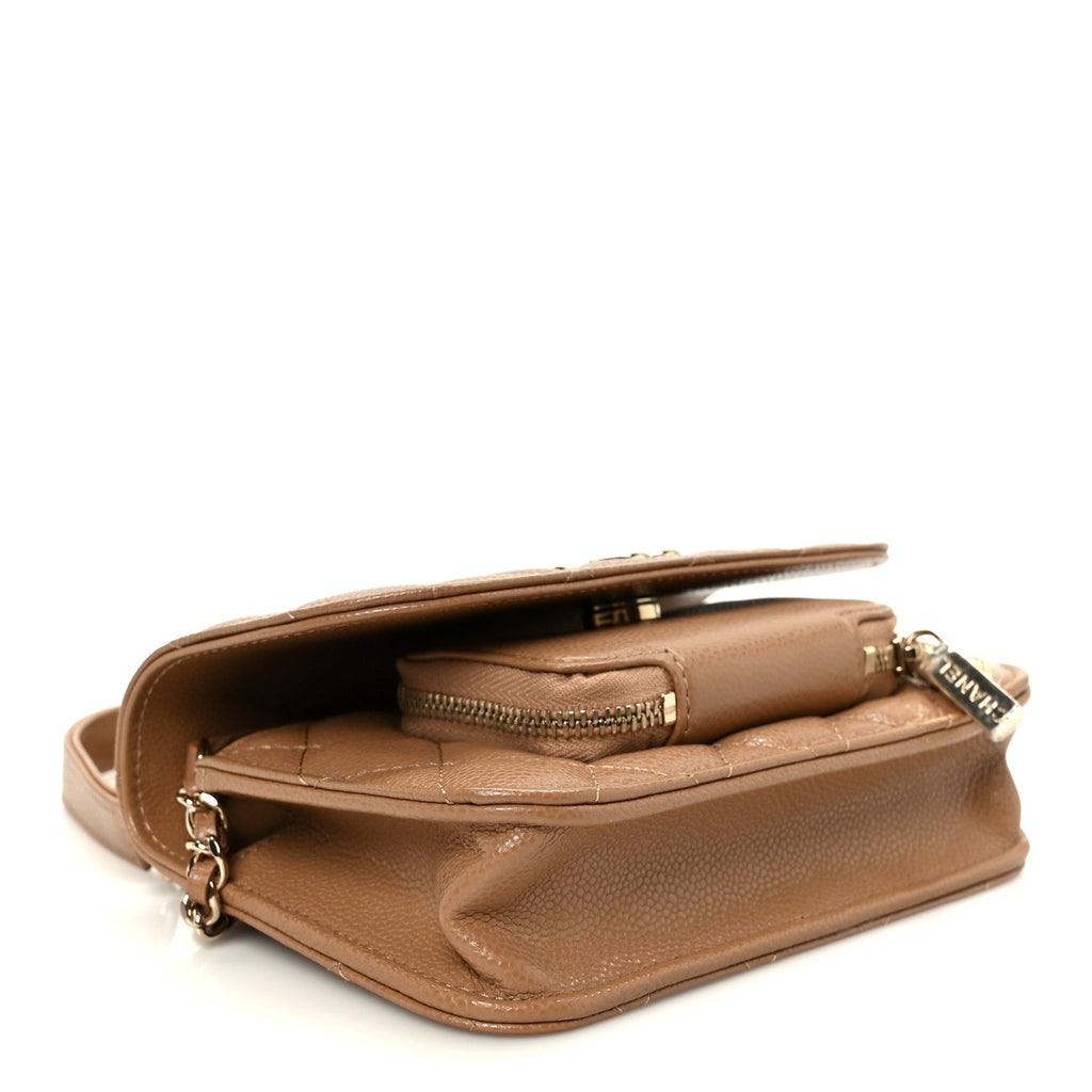 Caviar Quilted Business Affinity Clutch With Chain Flap Camel