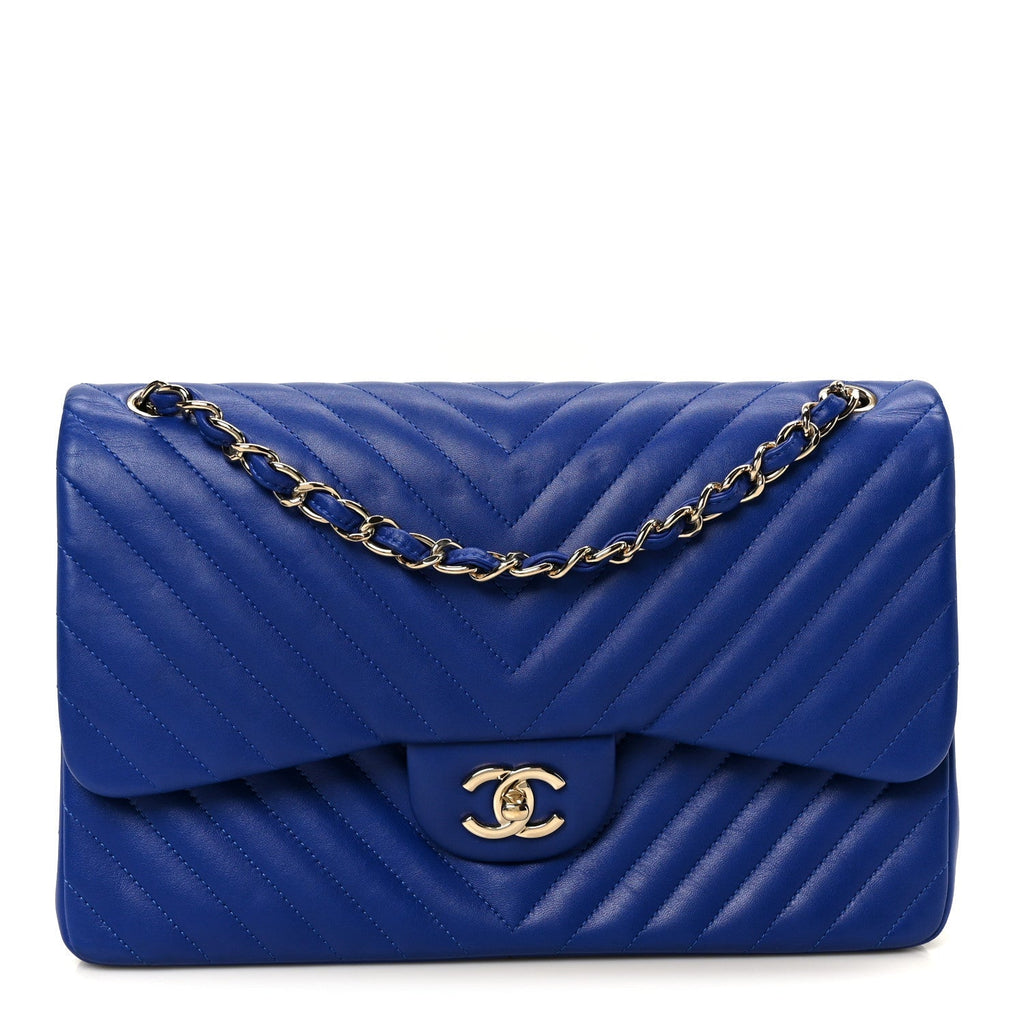Lambskin Chevron Quilted Jumbo Double Flap Navy Blue