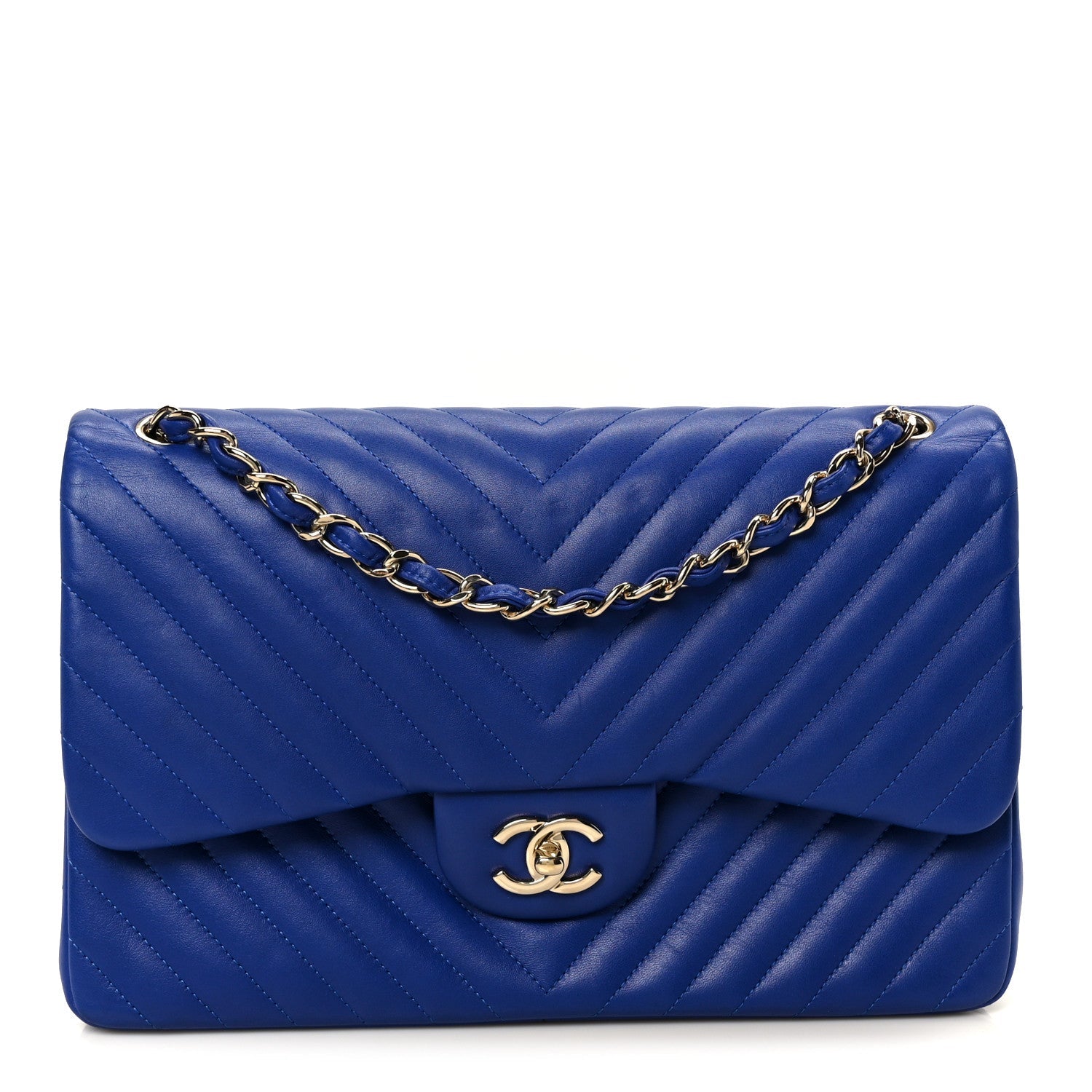 Lambskin Chevron Quilted Jumbo Double Flap Navy Blue