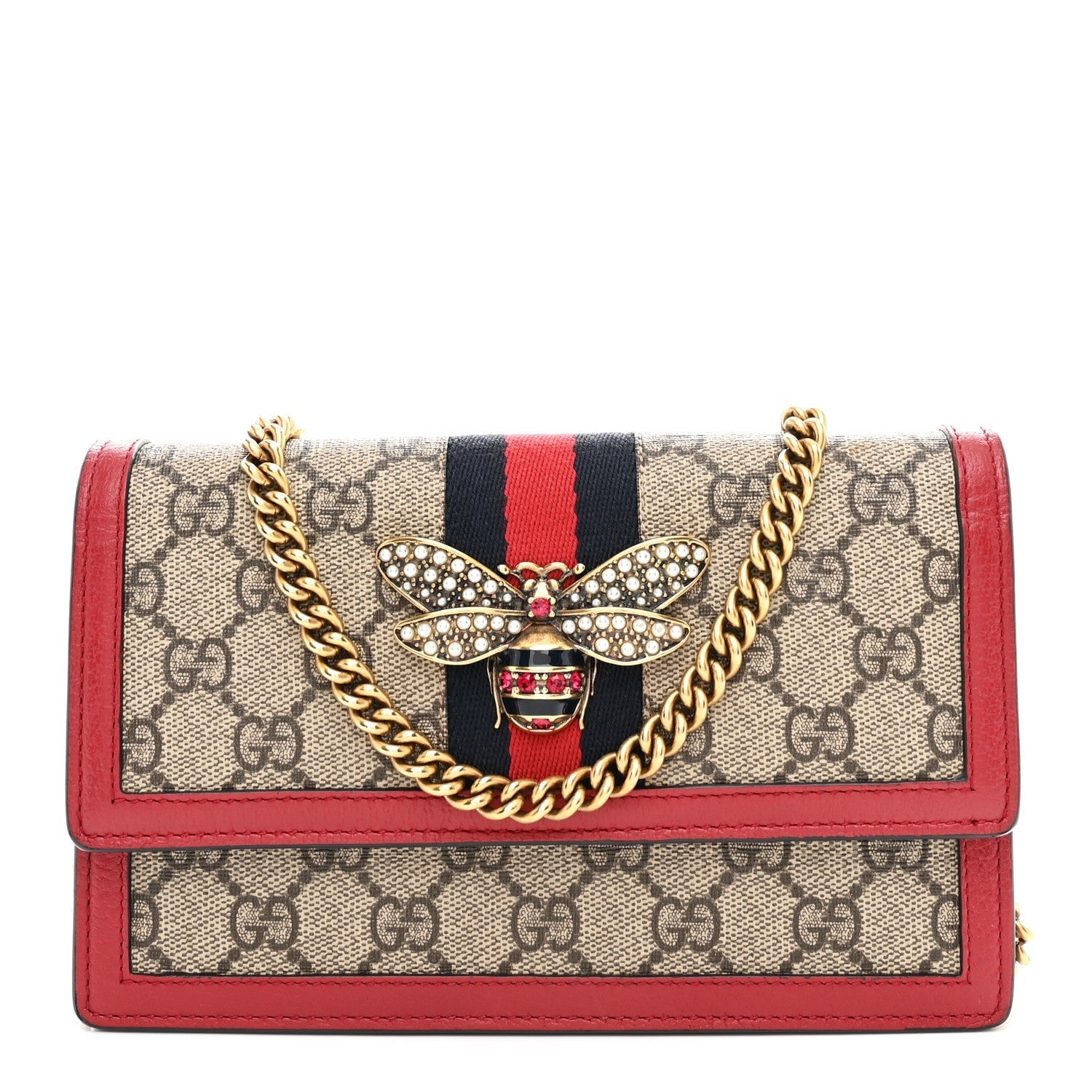 GG Supreme Monogram Web Queen Margaret Chain Wallet Red