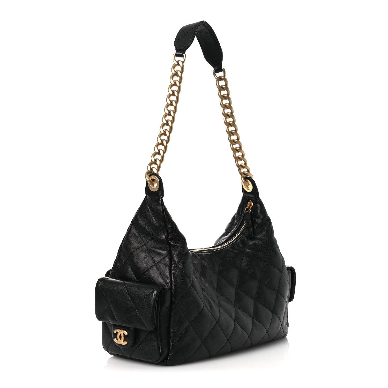 Shiny Lambskin Quilted Trendy Pockets Hobo Black