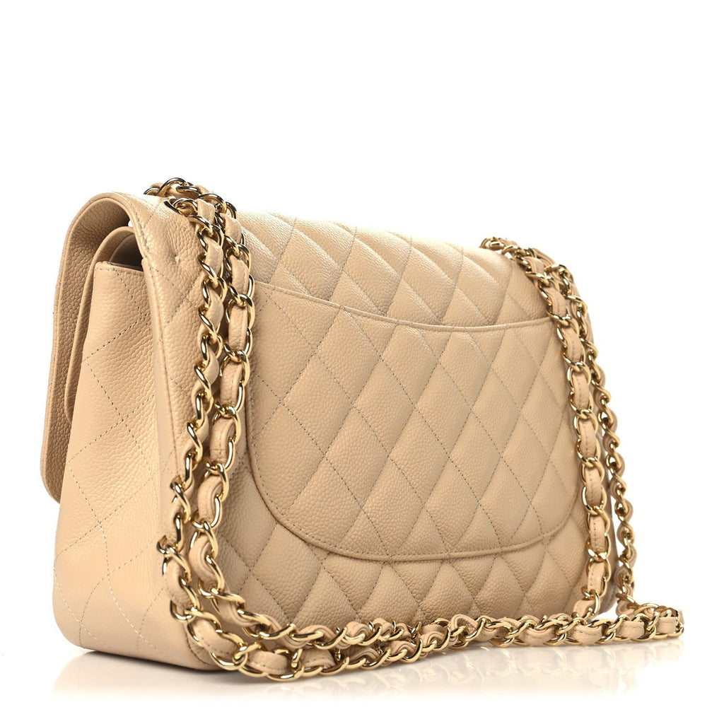 Caviar Quilted Jumbo Double Flap Beige Clair