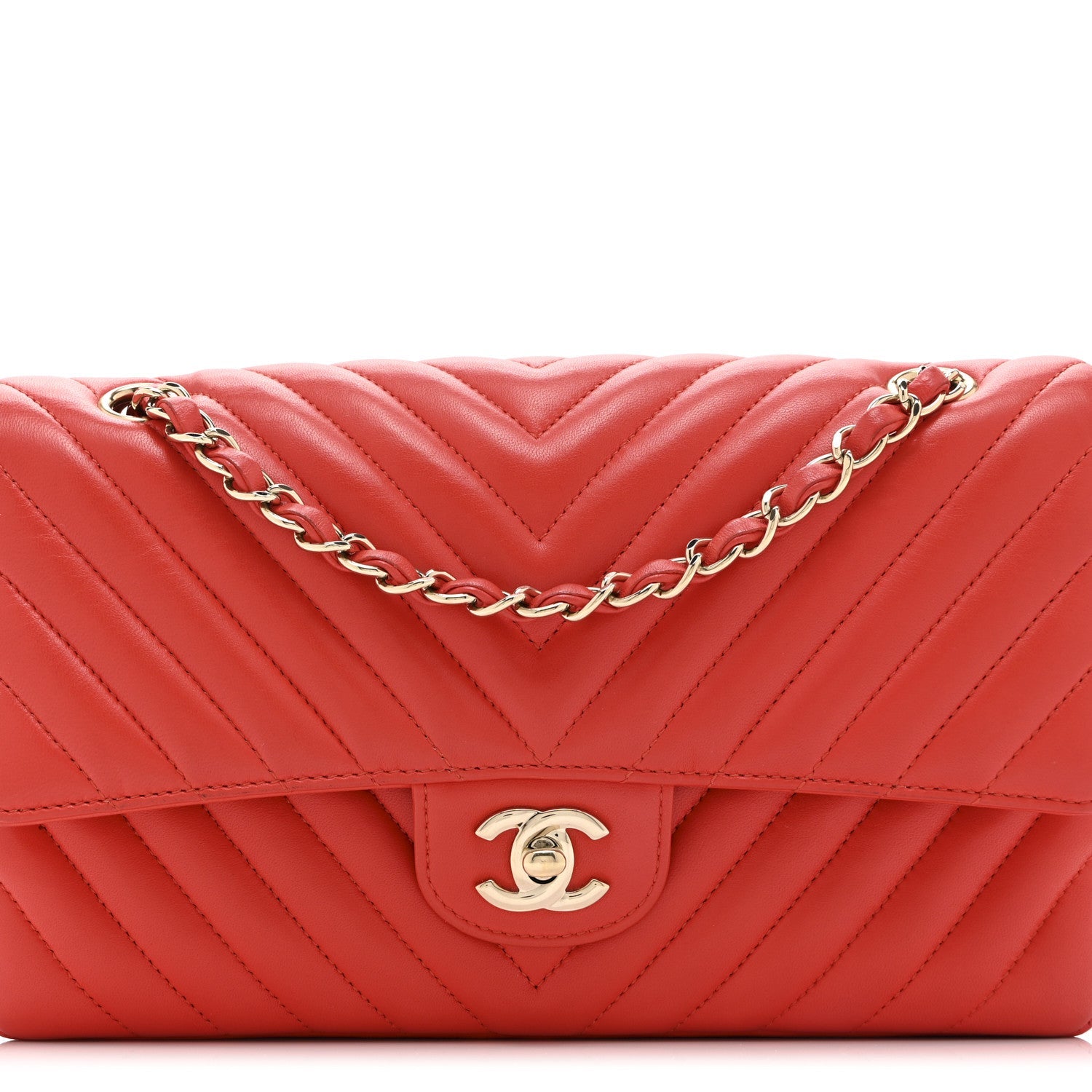 Lambskin Chevron Quilted Medium Double Flap Red