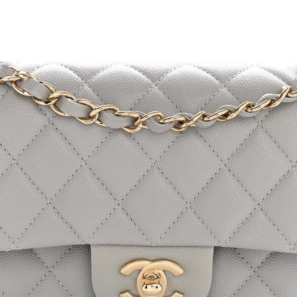 Caviar Quilted Small Double Flap Grey