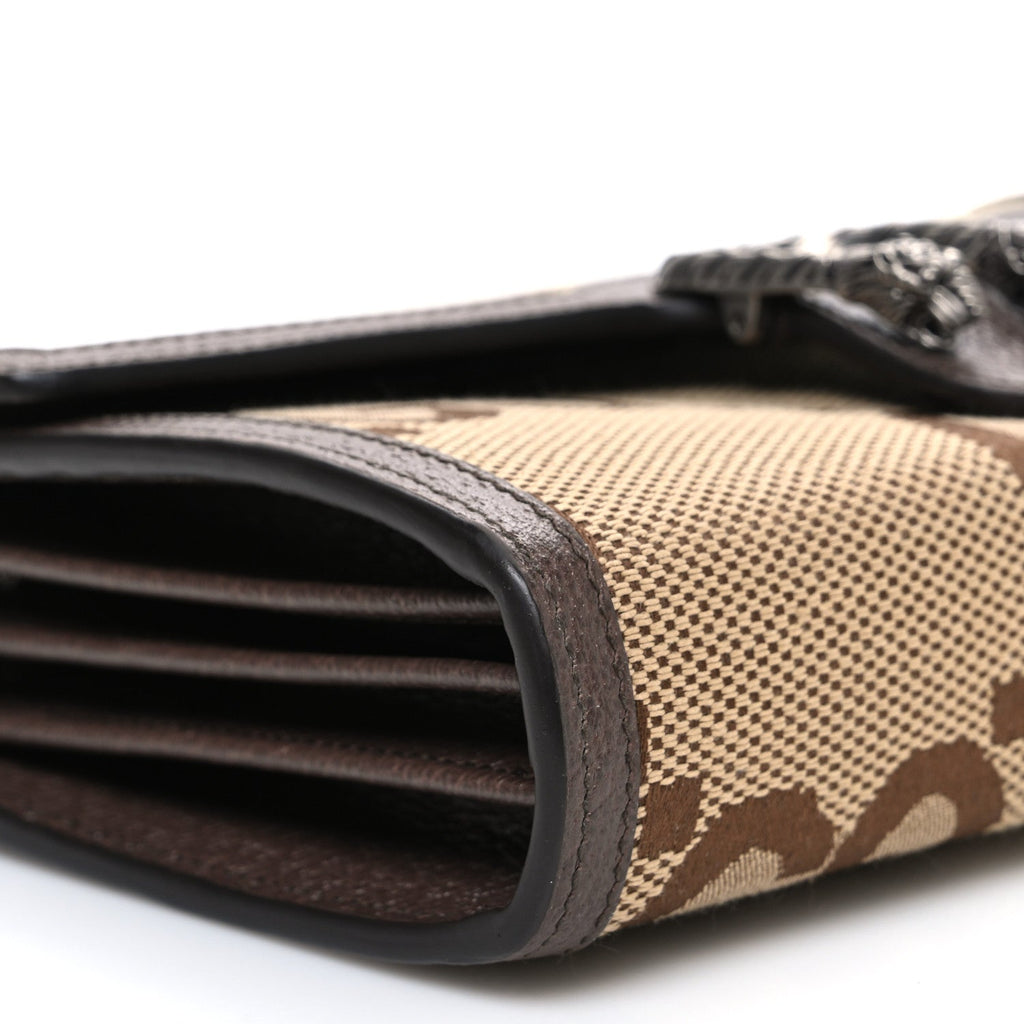 Monogram Jumbo GG Textured Dollar Calfskin Mini Dionysus Chain Wallet Camel Ebony New Acero