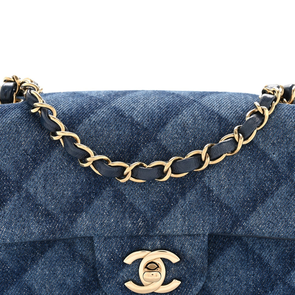 Printed Denim Quilted Mini Rectangular Flap Dark Blue