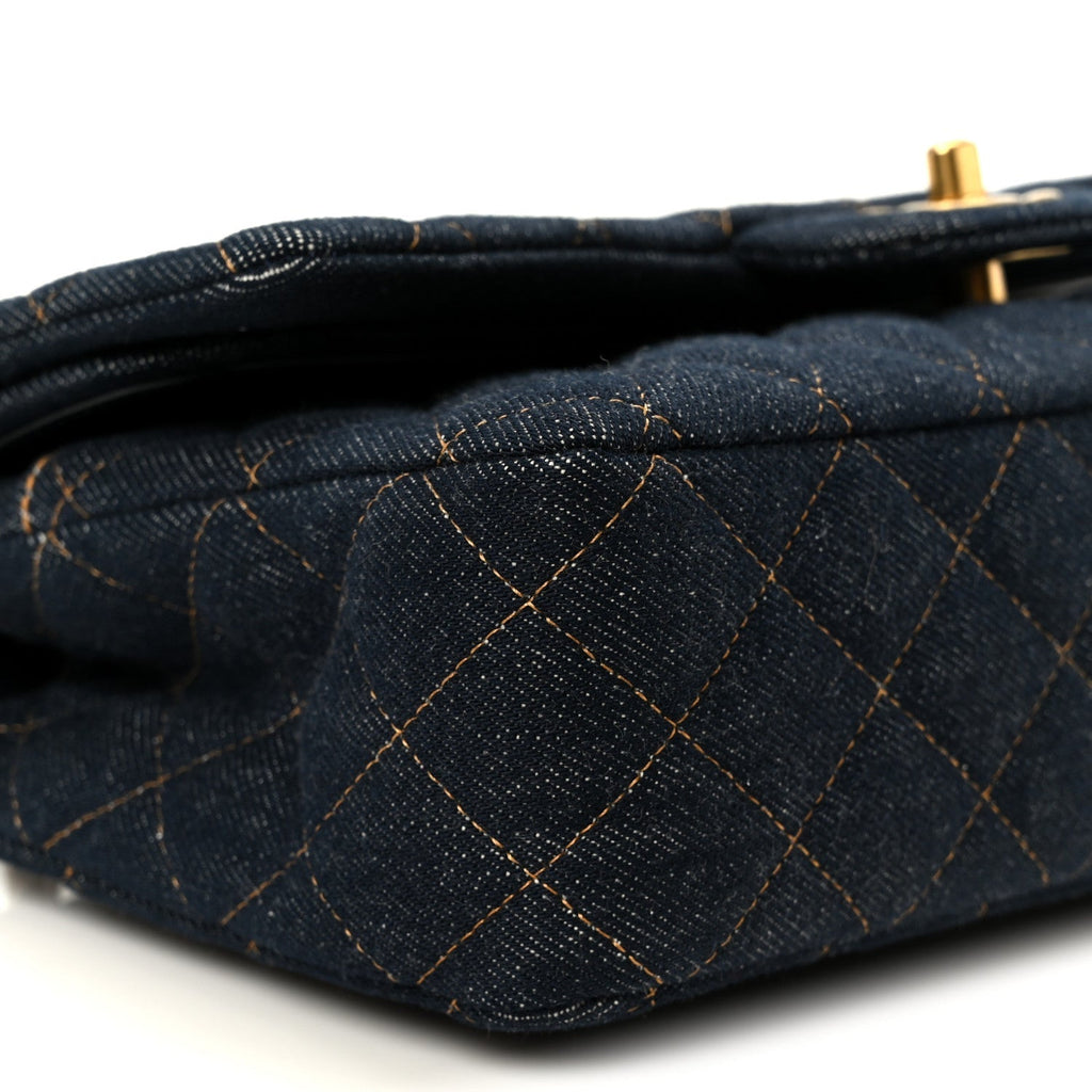 Denim Quilted Medium Double Flap Dark Blue