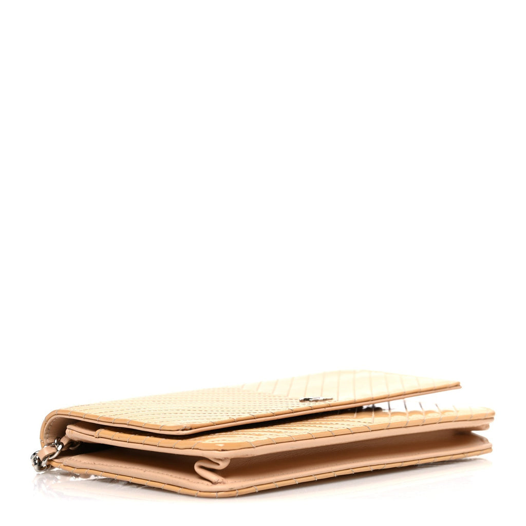 Patent Calfskin Chevron Quilted Wallet On Chain WOC Beige