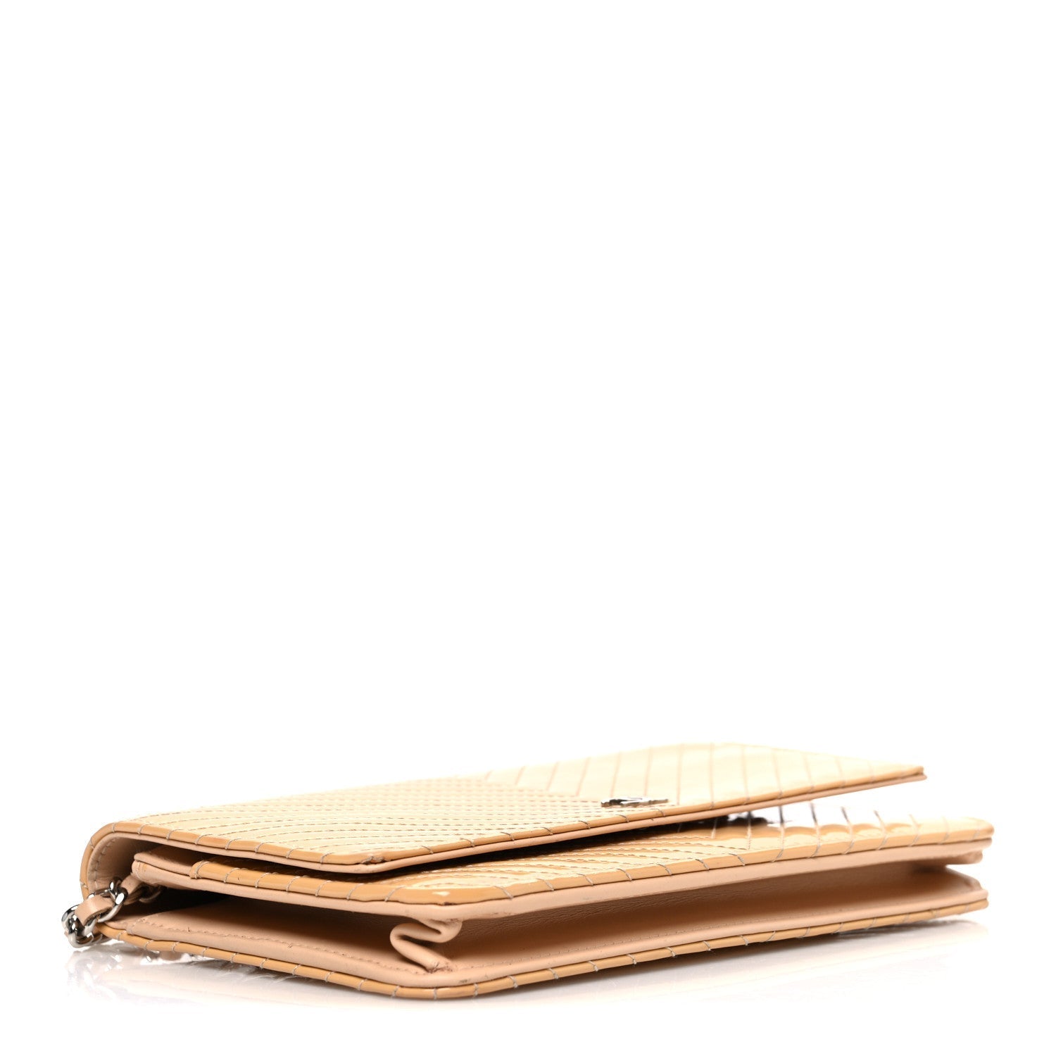 Patent Calfskin Chevron Quilted Wallet On Chain WOC Beige