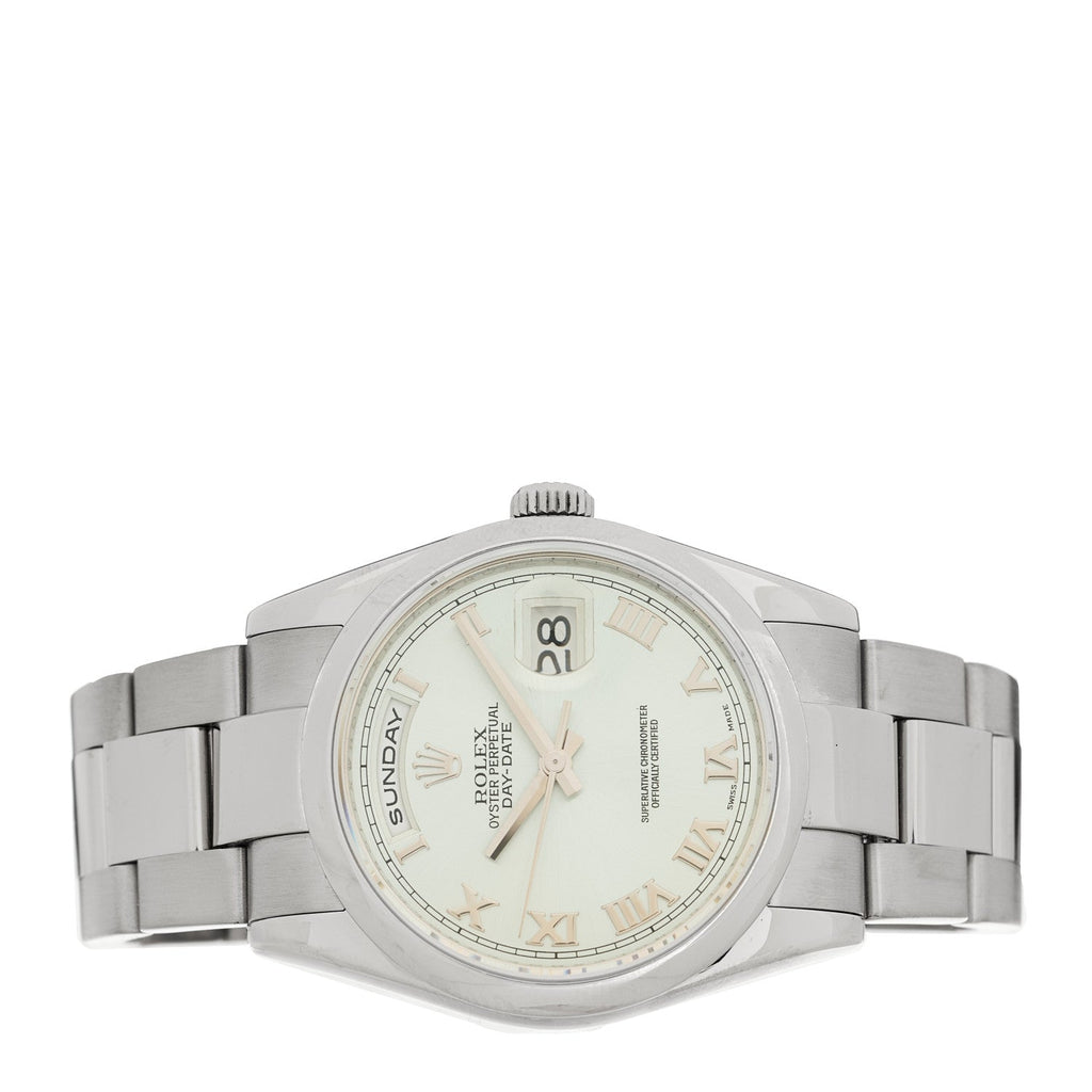 18K White Gold 36mm Oyster Perpetual Day-Date Watch Ice Blue Roman 118209