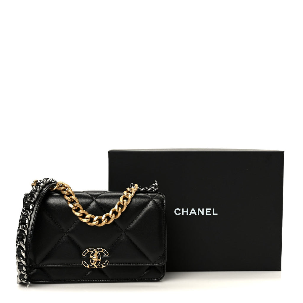 Lambskin Quilted Chanel 19 Wallet On Chain WOC Black