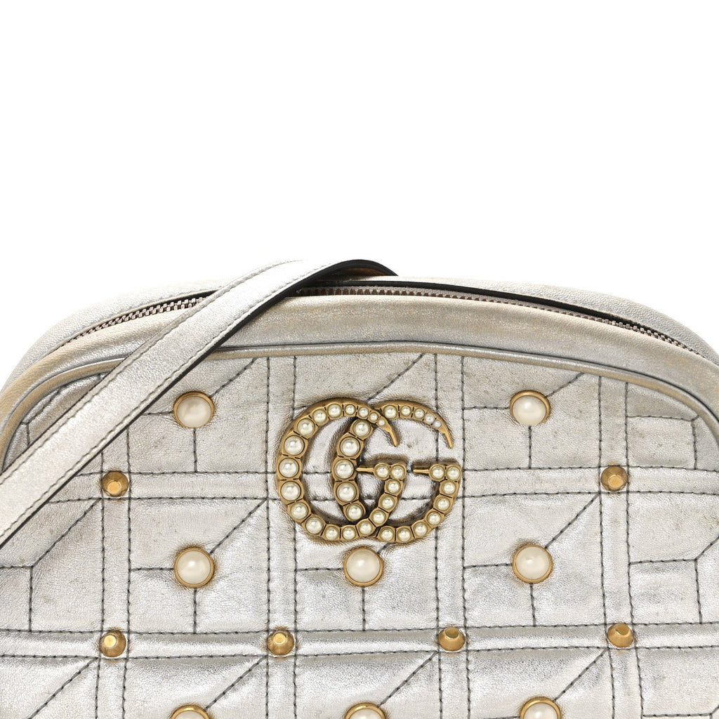 Metallic Calfskin Matelasse Studded Small Pearly GG Marmont Chain Shoulder Bag Silver