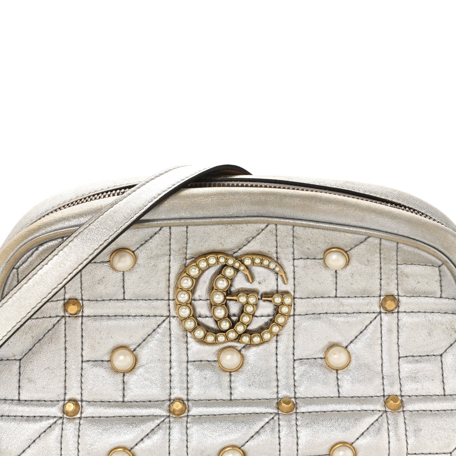Metallic Calfskin Matelasse Studded Small Pearly GG Marmont Chain Shoulder Bag Silver